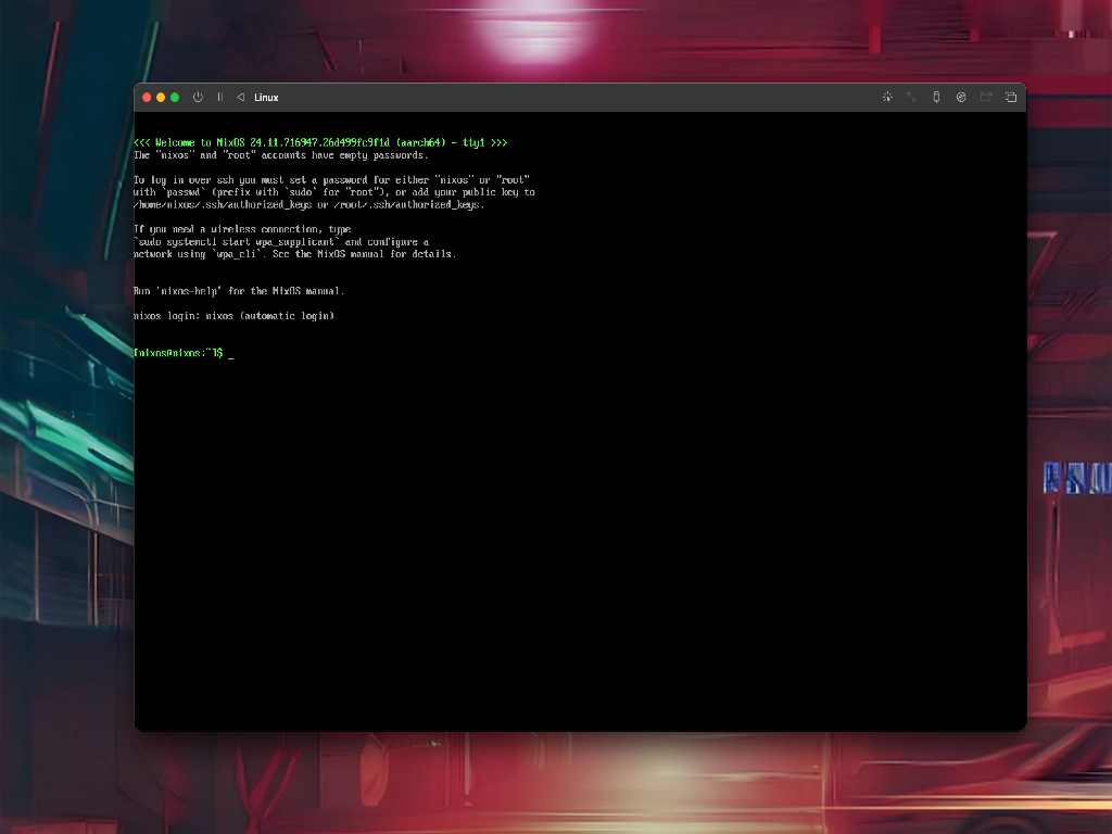 NIXOS terminal with cyberpunk background