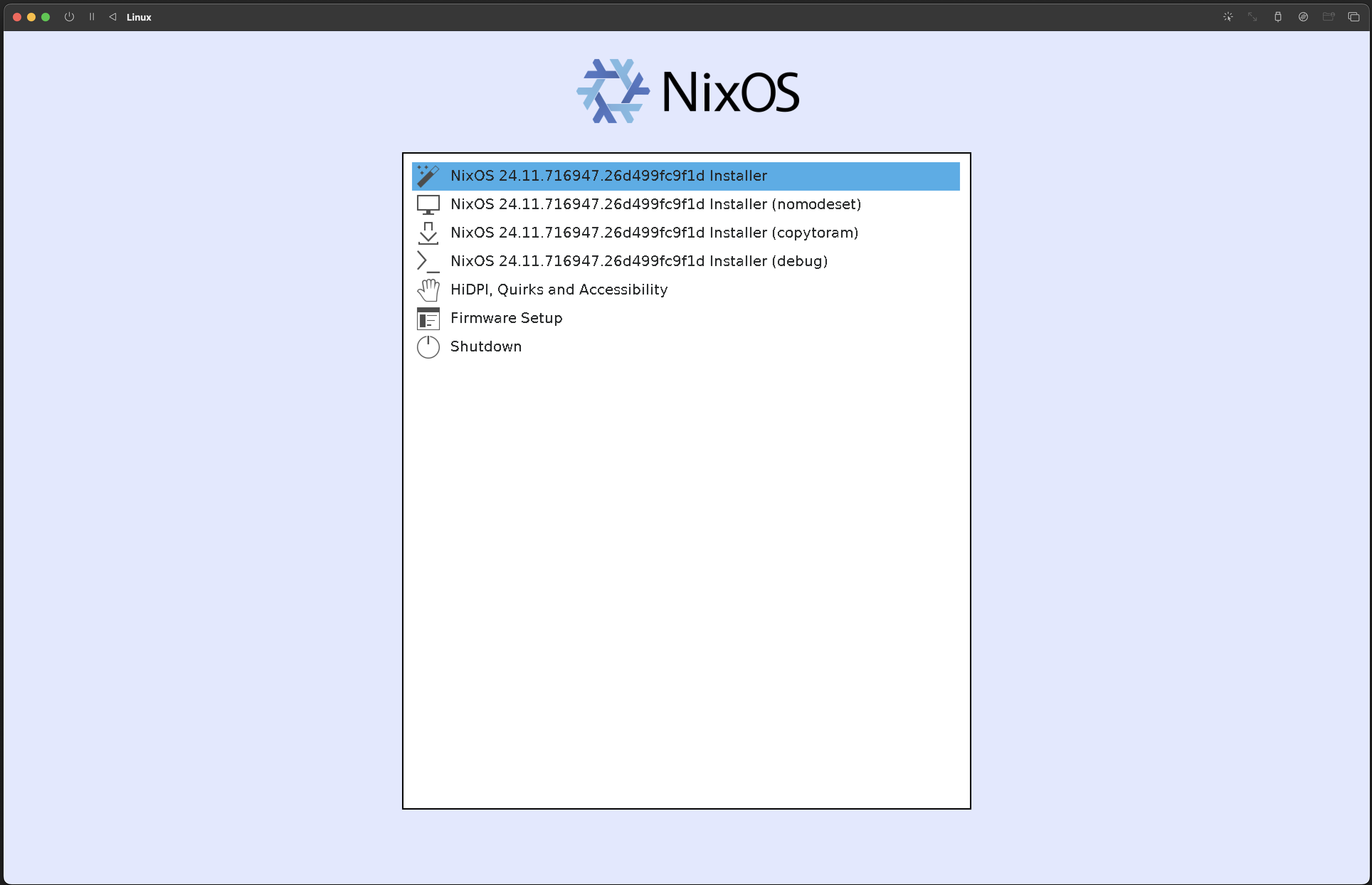 NixOS installer screen