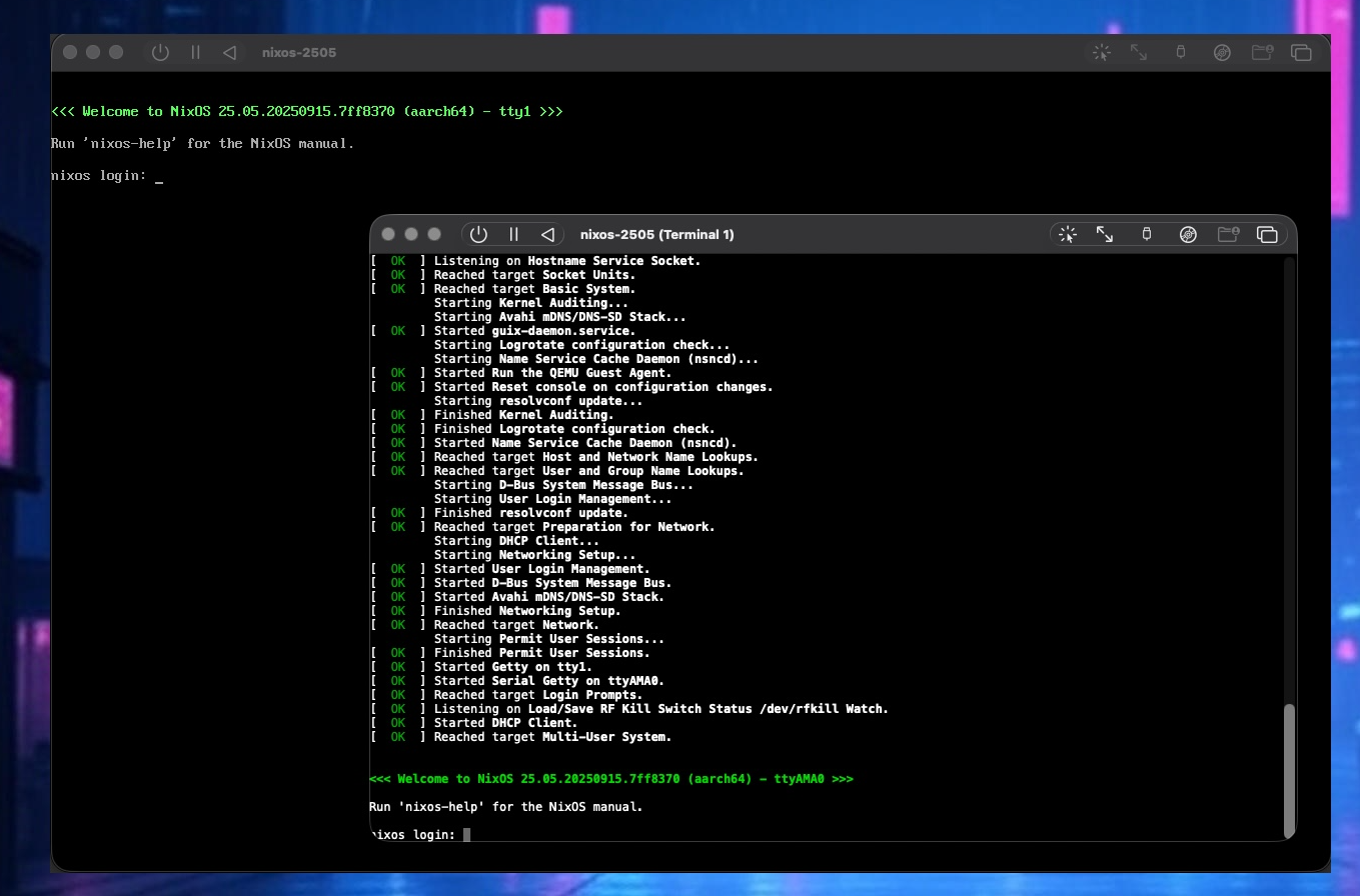 NIXOS terminal with cyberpunk background