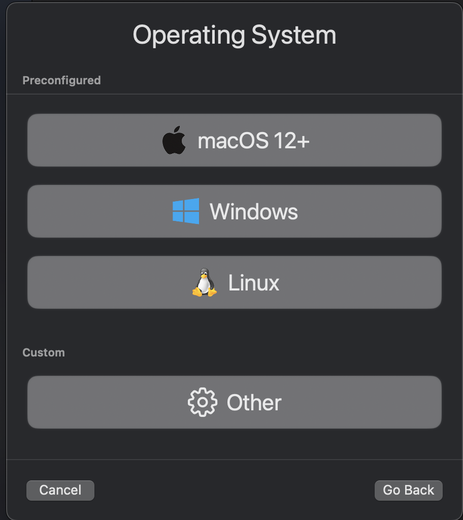 UTM wizard OS selection screen